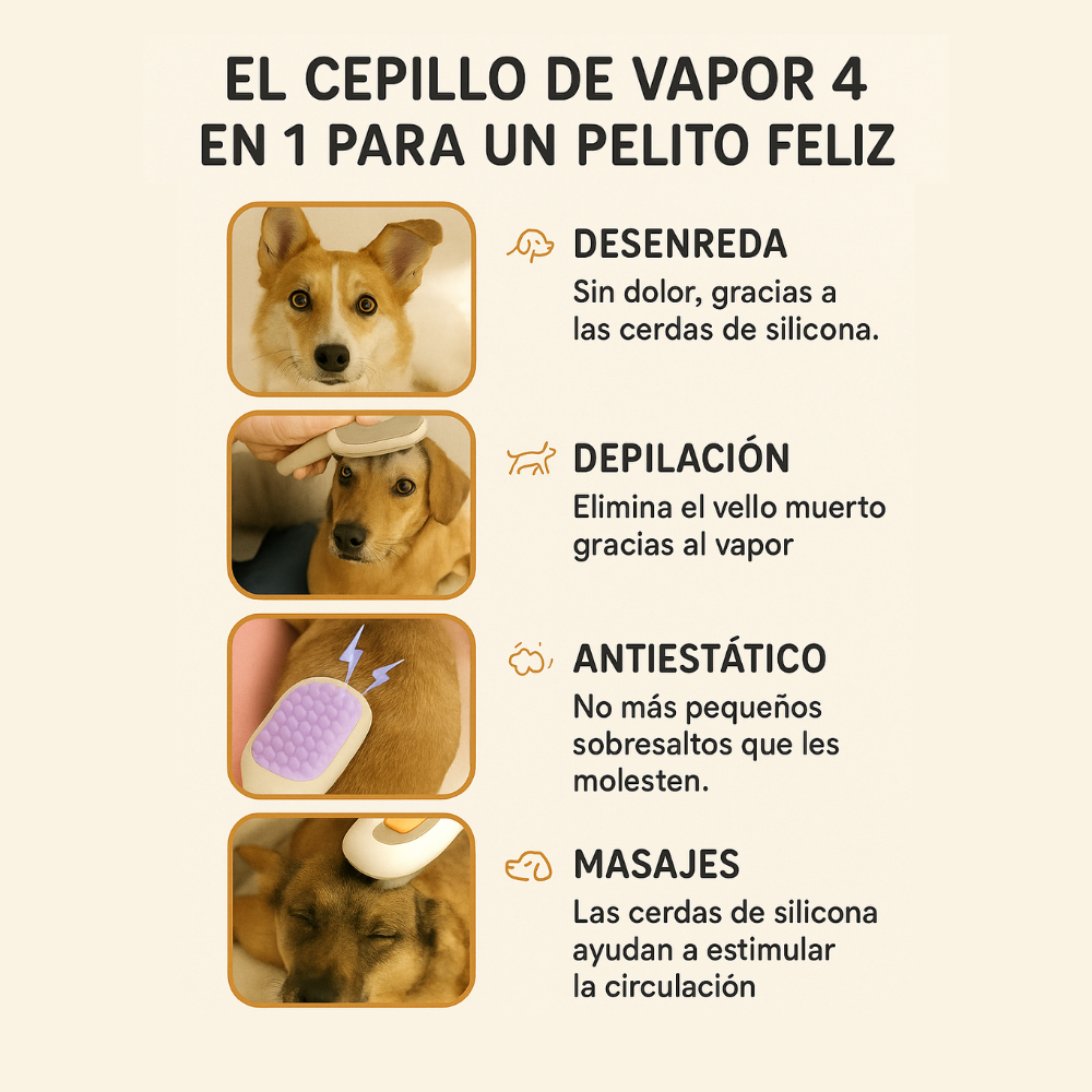 Cepillo de vapor para mascotas 4 en 1